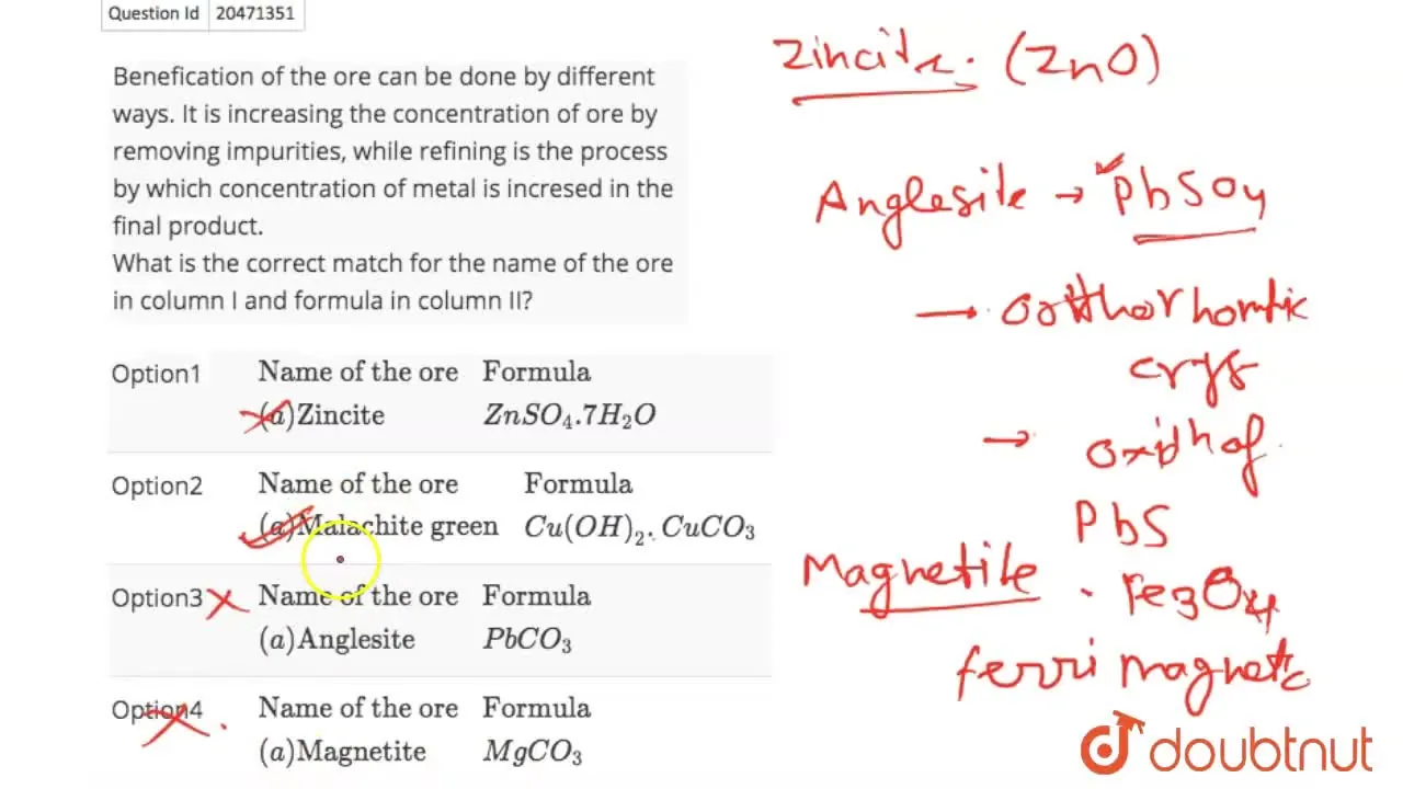 Name of the ore","Formula"),((a)"Anglesite",PbCO(3))}
