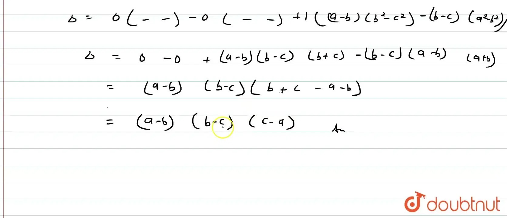 सिद्ध कीजिए कि- |(1,1,1),(a,b,c),(a^(2),b^(2),c^(2))|=(a-b)(b-c)(c-a)