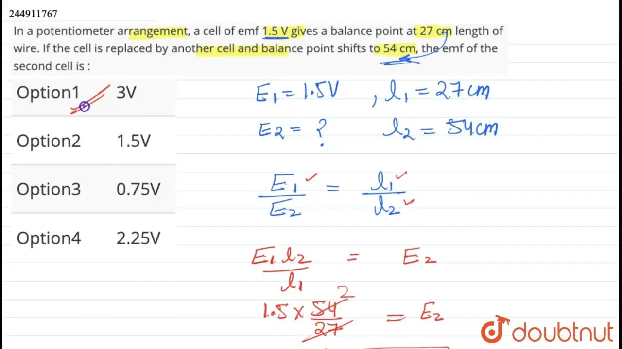 In a potentiometer arrangement, a cell of emf 1.5 V gives a balance po