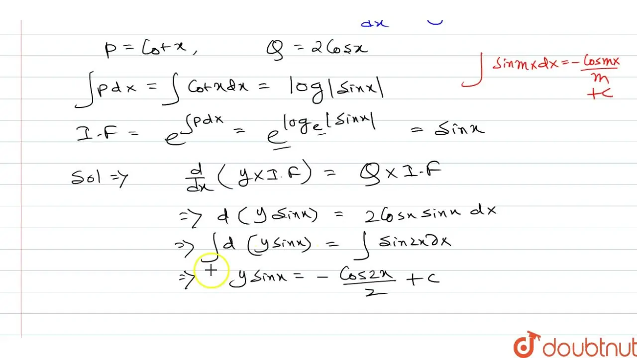 [Bengali] dy/dx + y cot x = 2 cos x