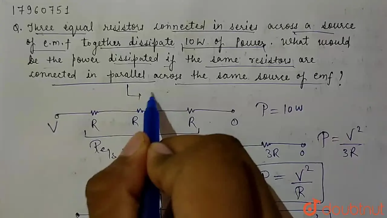 Three equal resistors connected in series across a source of emf toget