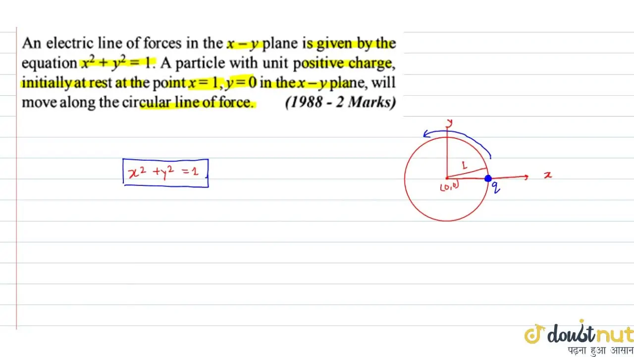 An electric line of forces in the xy plane is given by the equation x
