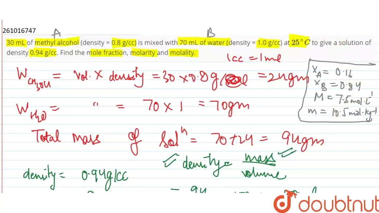 30 mL of methyl alcohol (density = 0.8 g/cc) is mixed with 70 mL of wa
