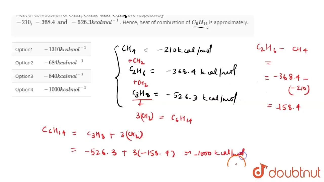 Heat of combustion of CH4 C2H6 and C3H6 are respectively 210 368