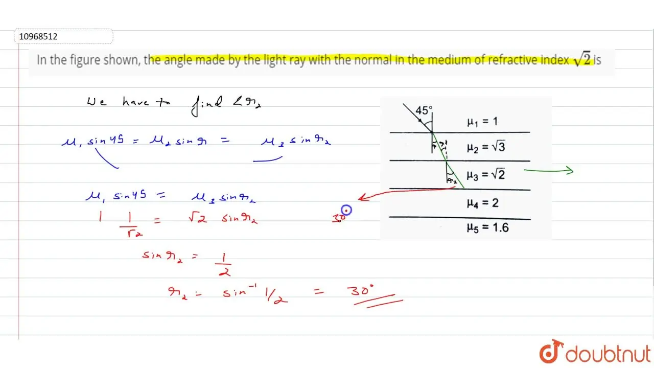 In the figure shown the angle made by the light ray with the normal in the  medium of refractive index sqrt 2 is{60}^{o}{90}^{o}{30}^{o}None of these