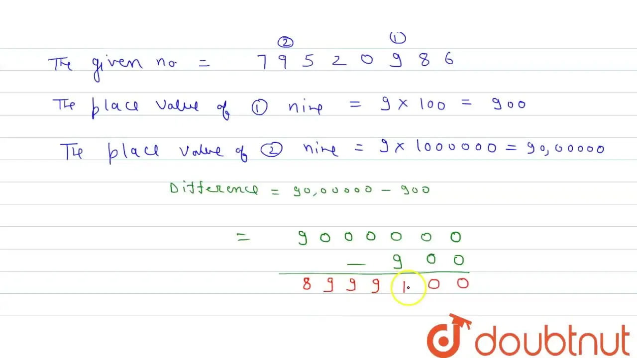 Find the difference between the place values of the nines in 79520986.