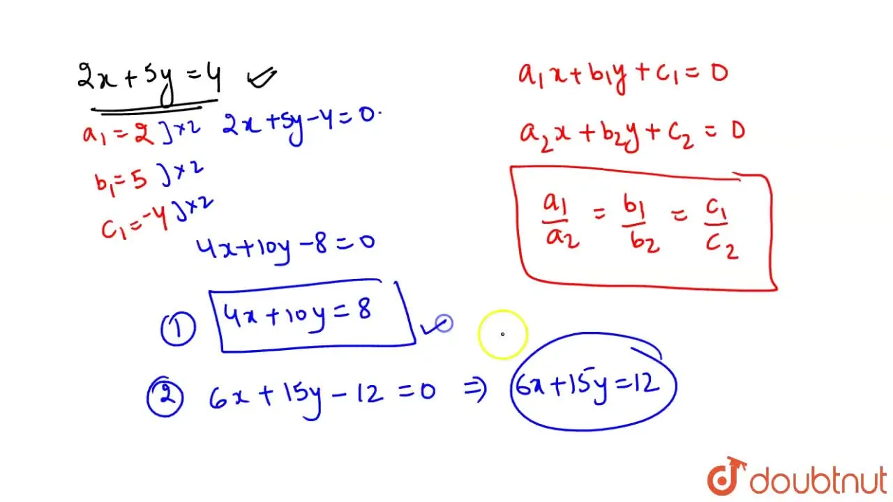 If 2x + 5y = 4, write another linear equation, so that lines represent