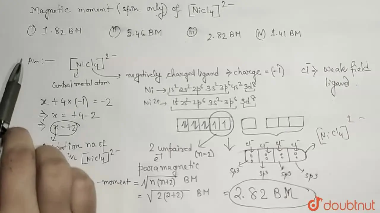 [Bengali] moment (spin only) of [NiCl(4)]^(2)