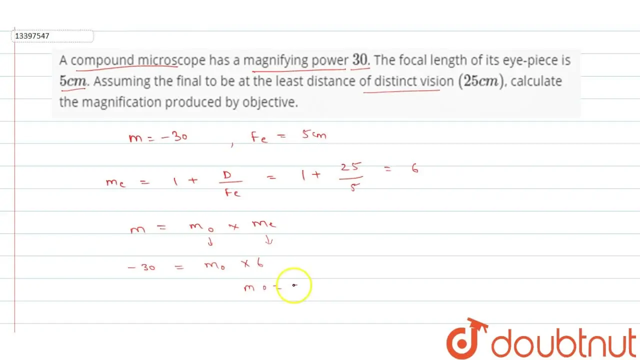A compound microscope has a magnifying power 30. The focal length of i