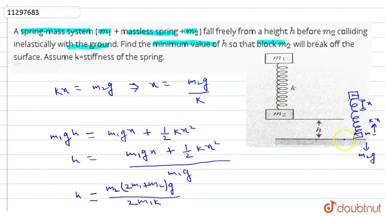 A spring-mass system ( m1 + massless spring + m2) fall freely from a h