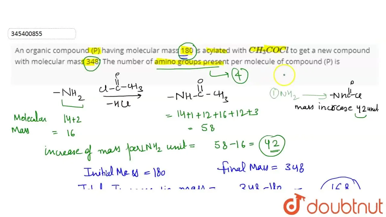 An organic compound (P) having molecular mass 180 is acylated with CH(