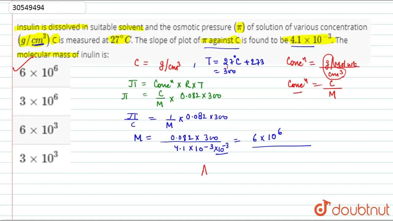 Insulin is dissolved in suitable solvent and the osmotic pressure (pi)