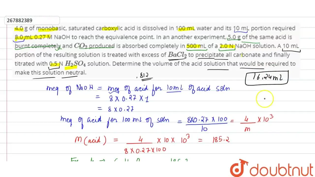 4.0 g of monobasic, saturated carboxylic acid is dissolved in 100 mL w