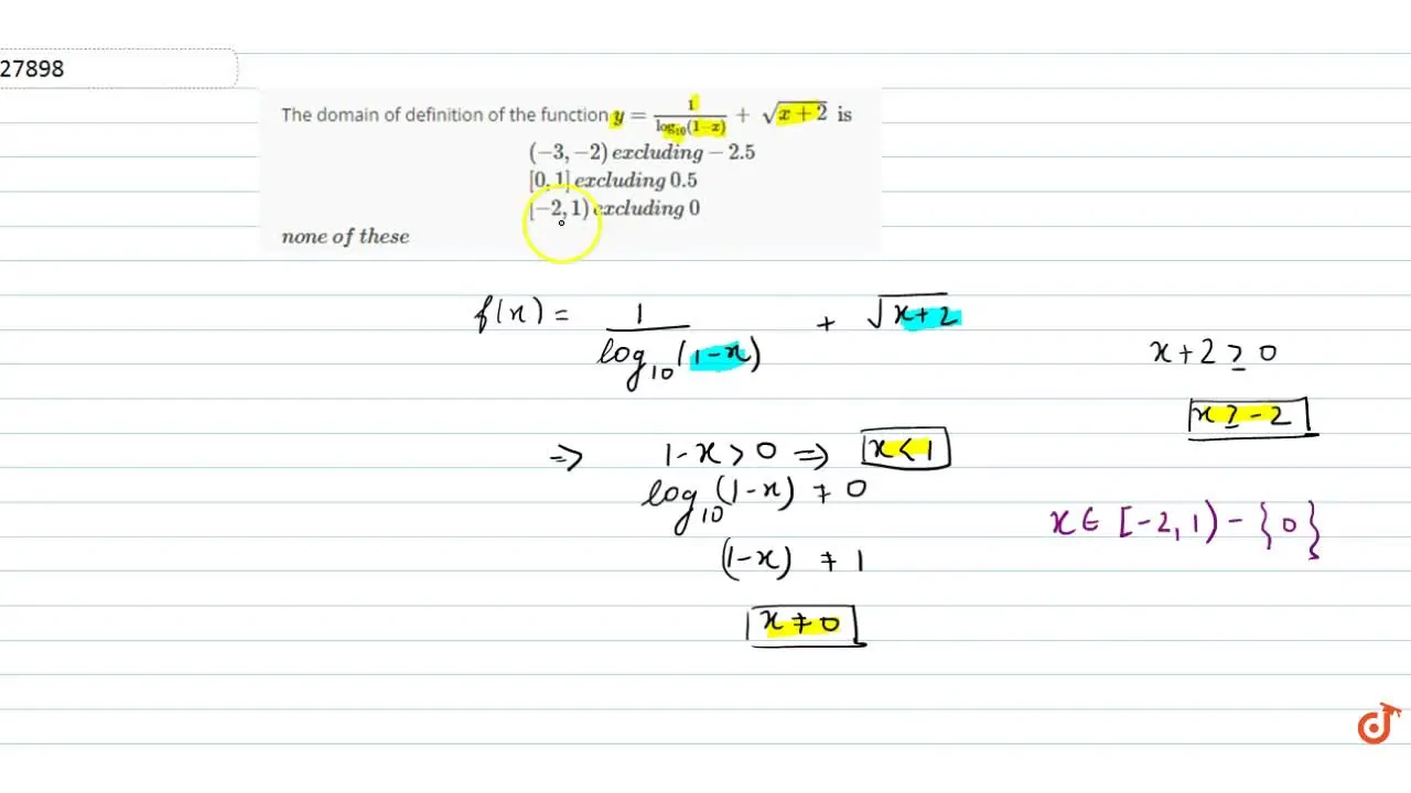 The domain of definition of the function y=1/((log)(10)(1-x))+sqrt(x+2