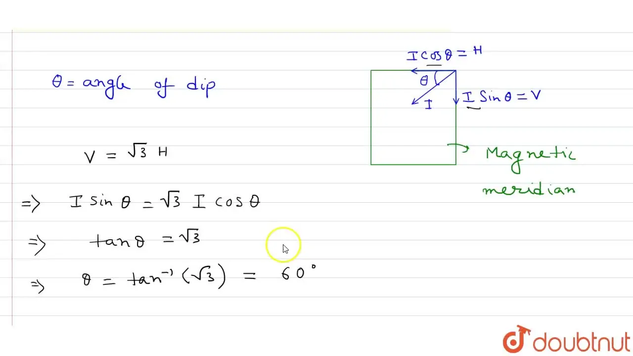 The vertical component of earth's magnetic field at a place is sqrt(3)