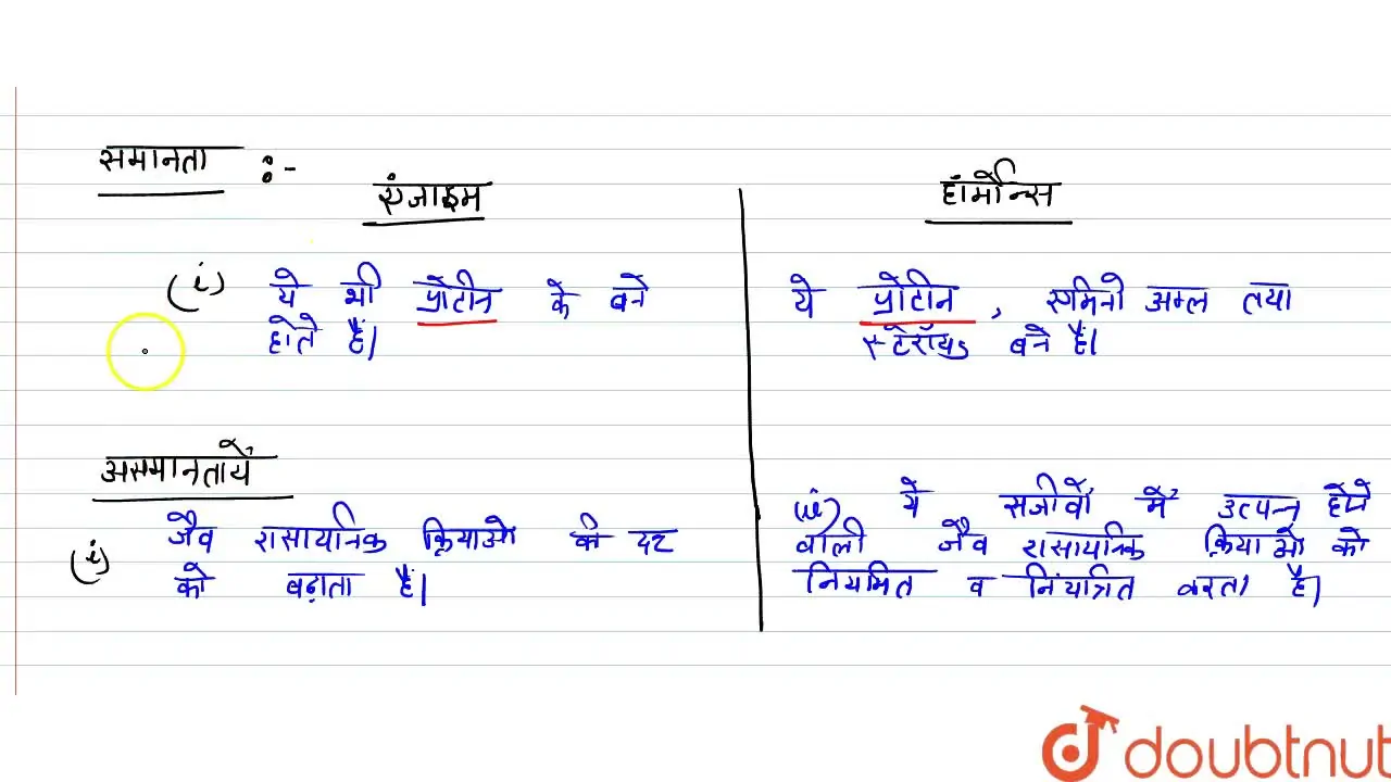 एन्जाइम तथा हार्मोन्स में एक समानता तथा एक असमानता क्या है 