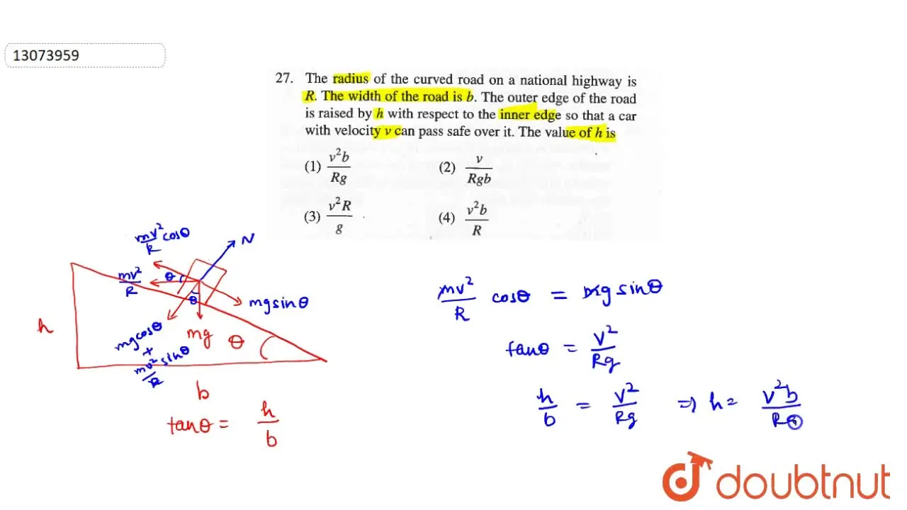 The radius of the curved road on a national highway is R. The width of