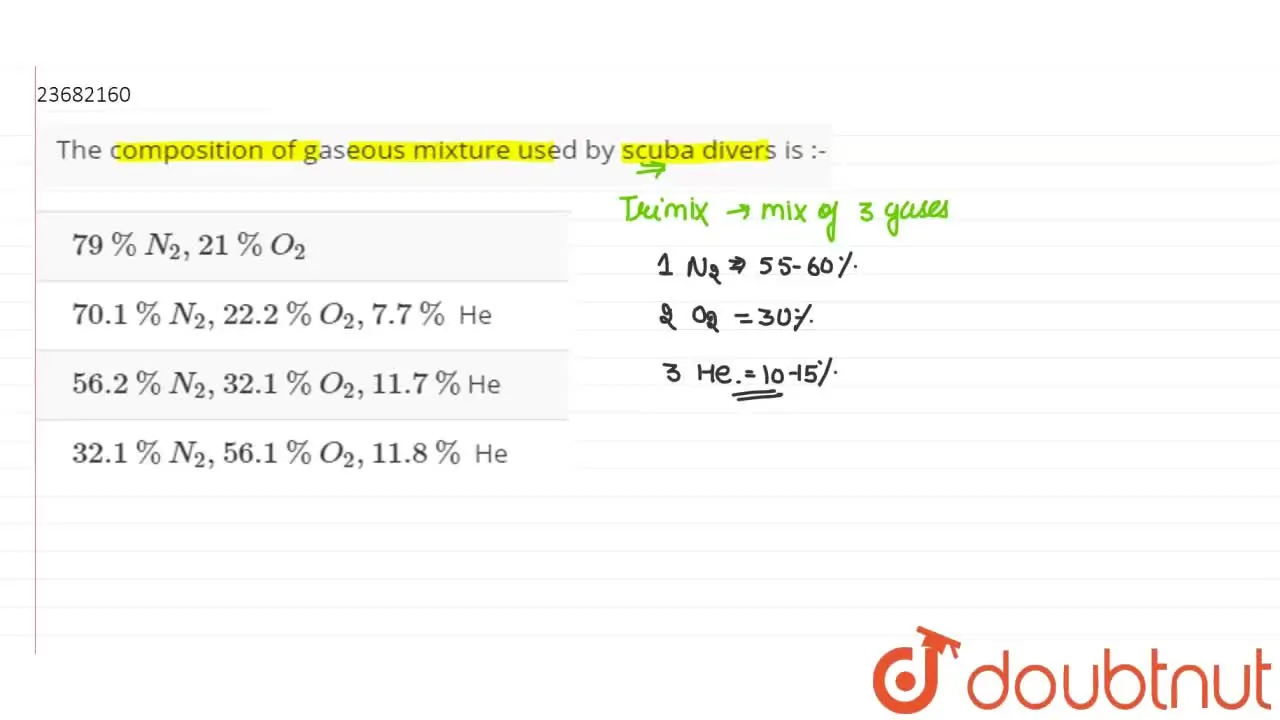 The composition of gaseous mixture used by scuba divers is