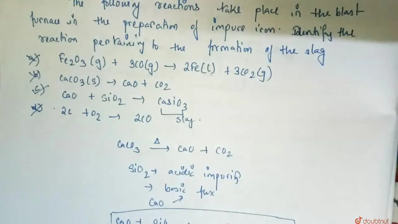 The following reactions take place in the blast furnace in the prepara