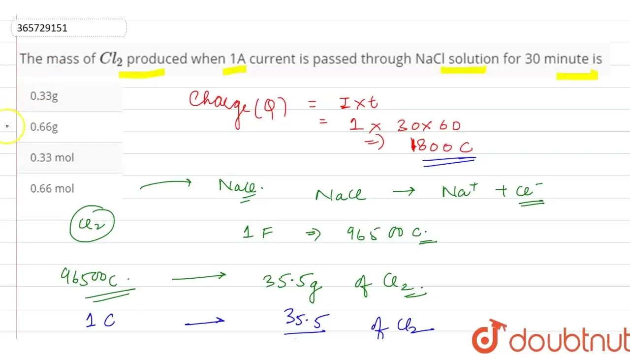 The mass of Cl(2) produced when 1A current is passed through NaCl solu