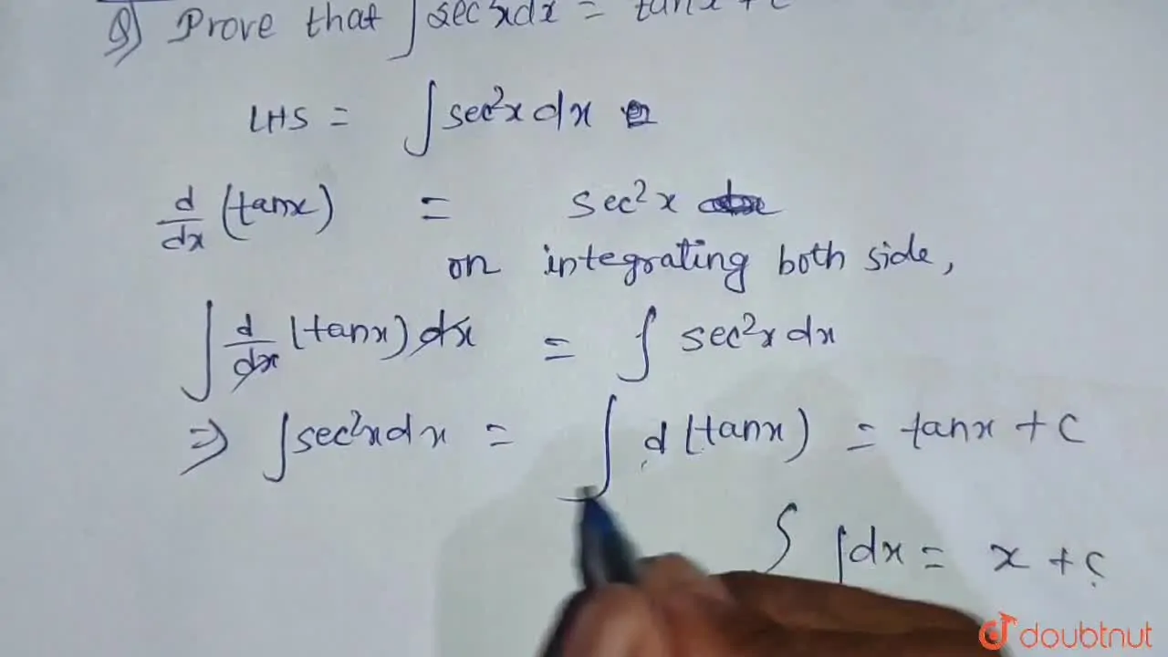 Prove thatint sec^2 dx=tan x +c