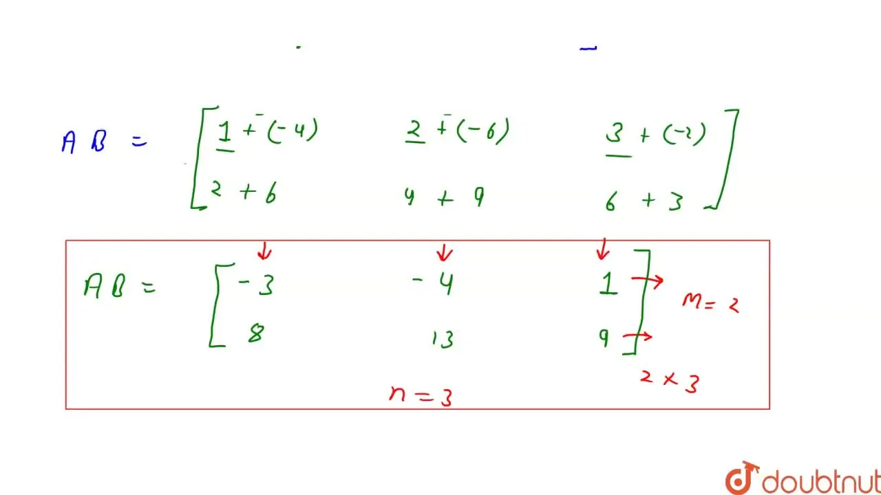 यदि A=[(1,-2),(2,3)] तथा B=[(1,2,3),(2,3,1)] हो, तो AB ज्ञात कीजिए।