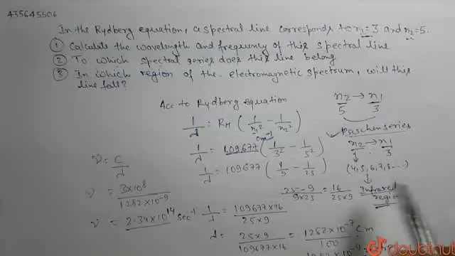 In the Rydberg equation, a spectral line corresponds to n1 = 3 and n2