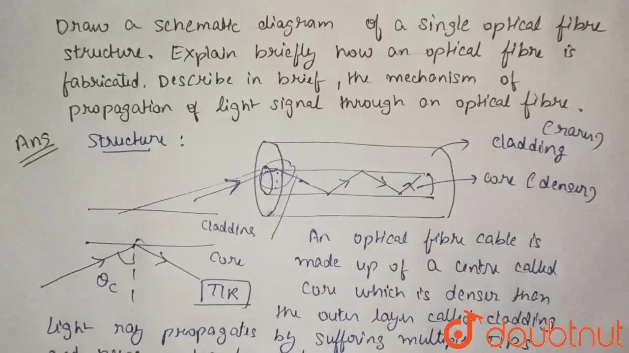 Draw a schematic diagram of a single optical fibre structure. Explain
