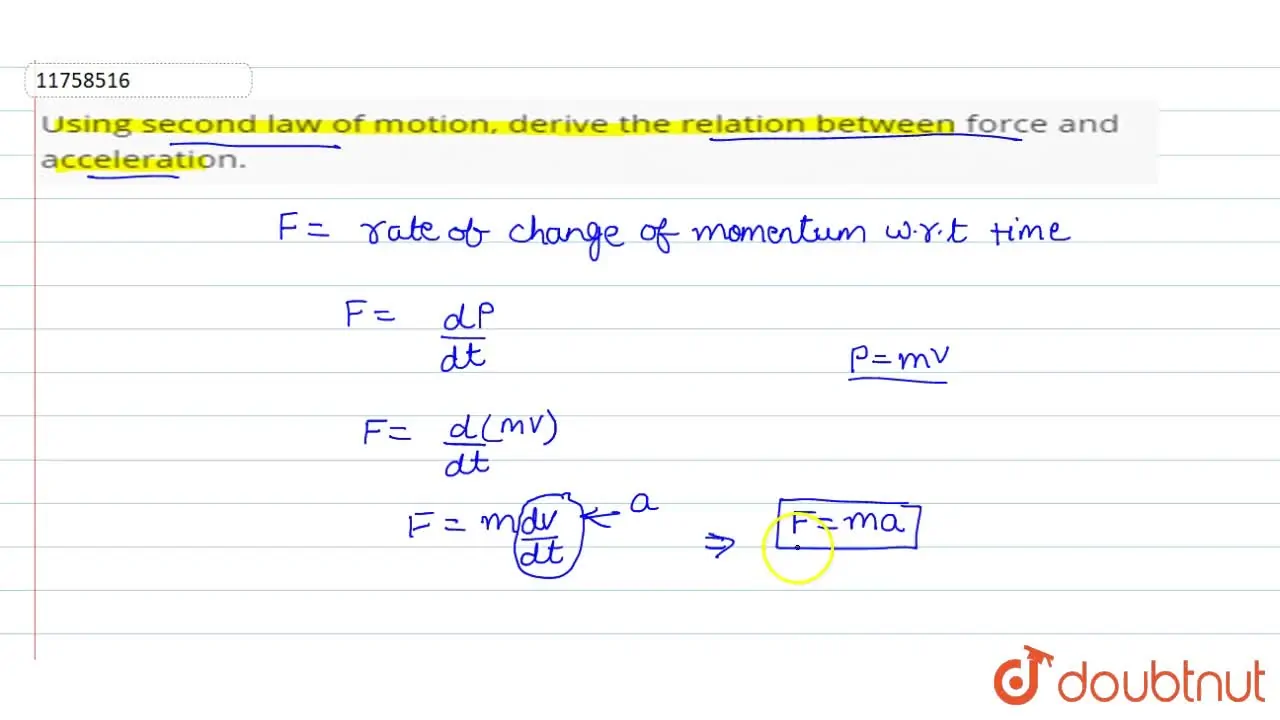 Using second law of motion, derive the relation between force and acce