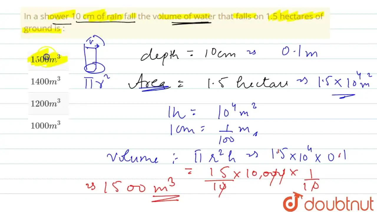 In a shower 10 cm of rain fall the volume of water that falls on 1.5