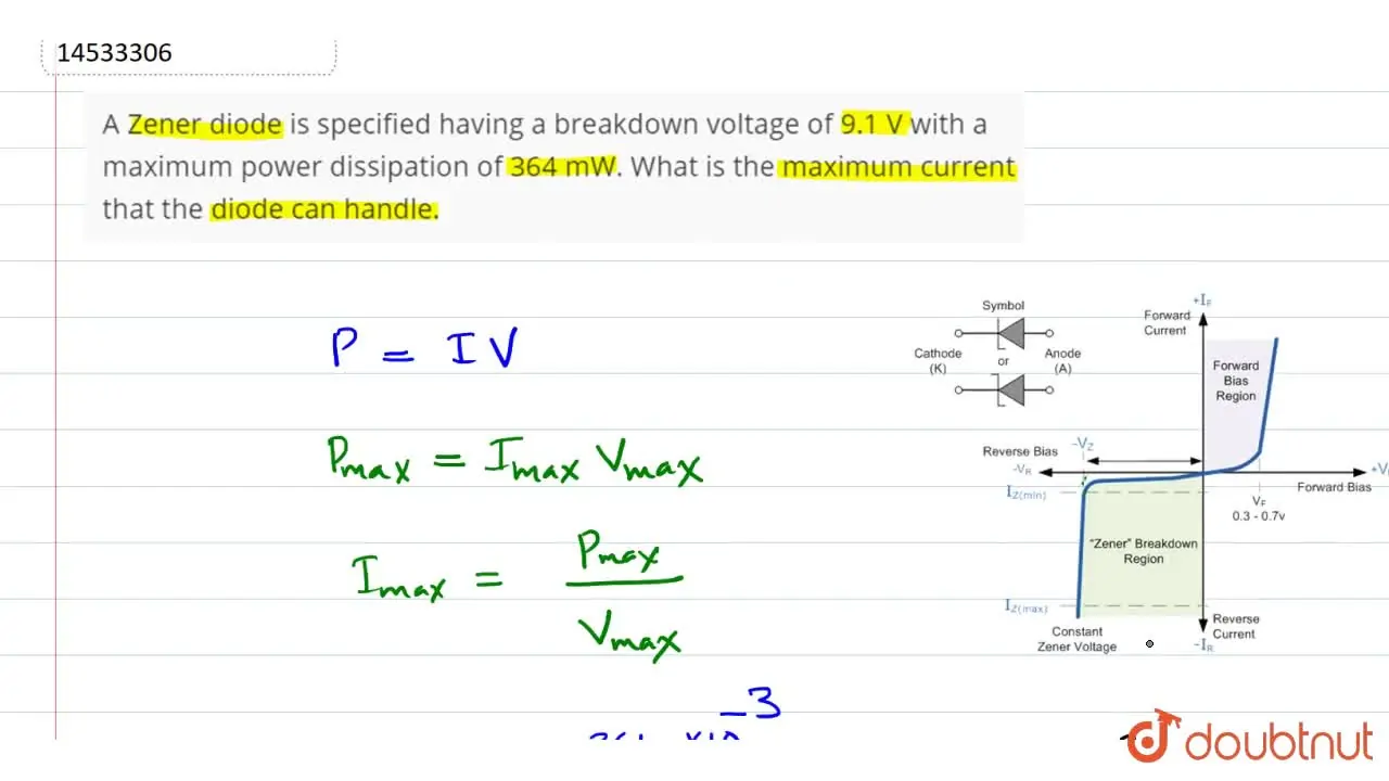 A Zener diode is specified having a breakdown voltage of 9.1 V with a