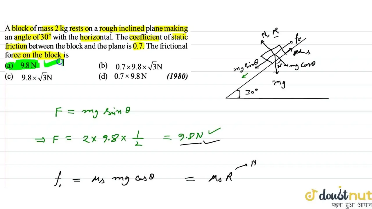 A Block Of Mass 2kg Rests On A Rough Inclined Plane Making An Angle Of