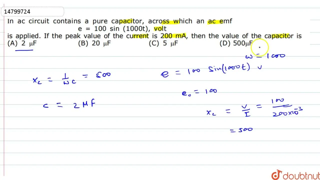 In ac circuit contains a pure capacitor, across which an ac emf e