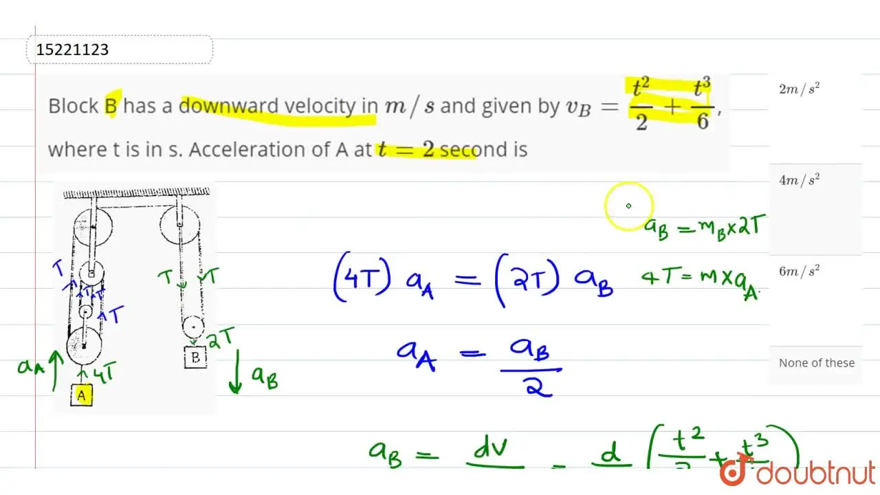 Block B Has A Downward Velocity In M//s And Given By V(B)=U^(2)/2+U^(3