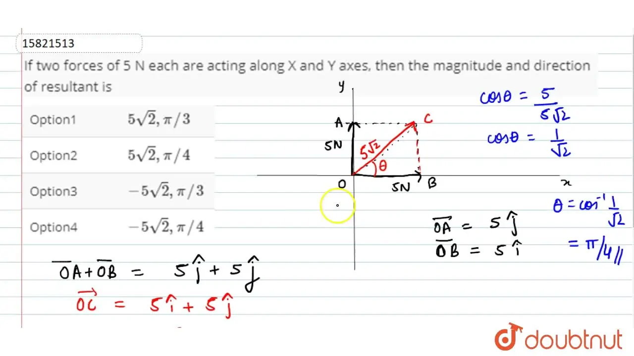 If two forces of 5 N each are acting along X and Y axes, then the magn