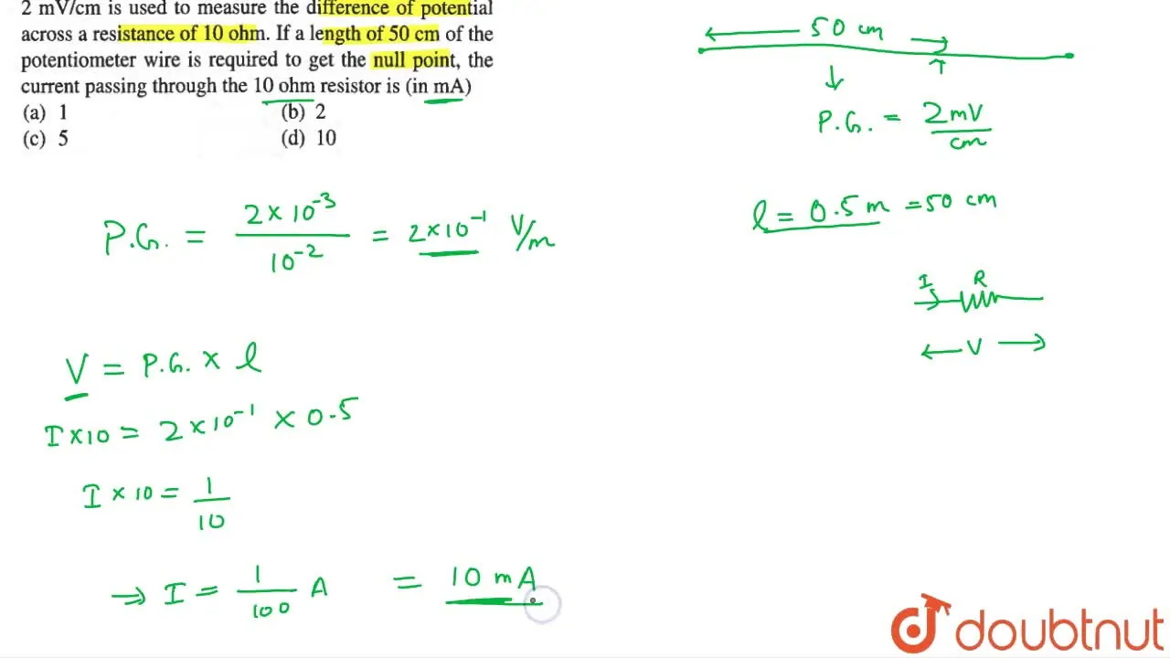 A potentiometer having the potential gradient of 2 mV//cm is used to m
