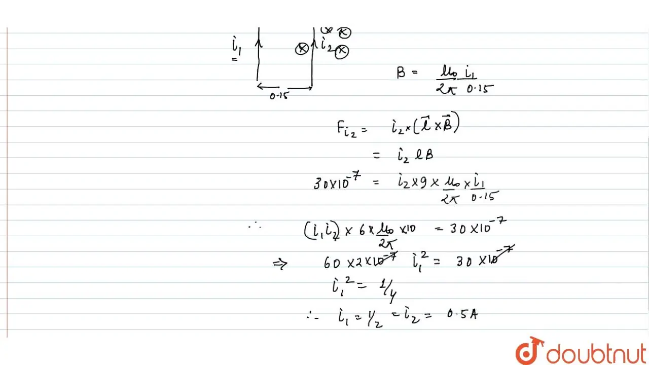 Two parallel wires of length 9 m each are separated by a distance 0.15