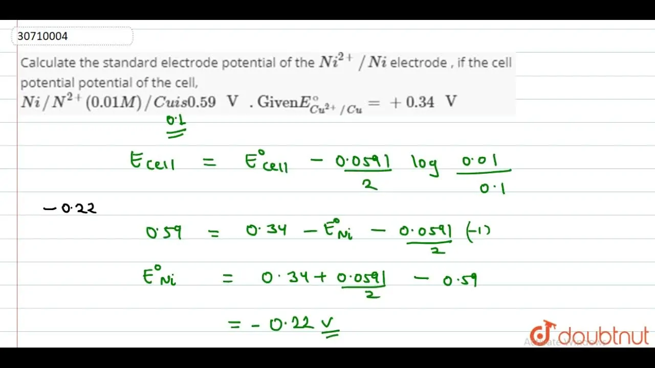 Calculate the standard electrode potential of the Ni^(2+)//Ni electrod