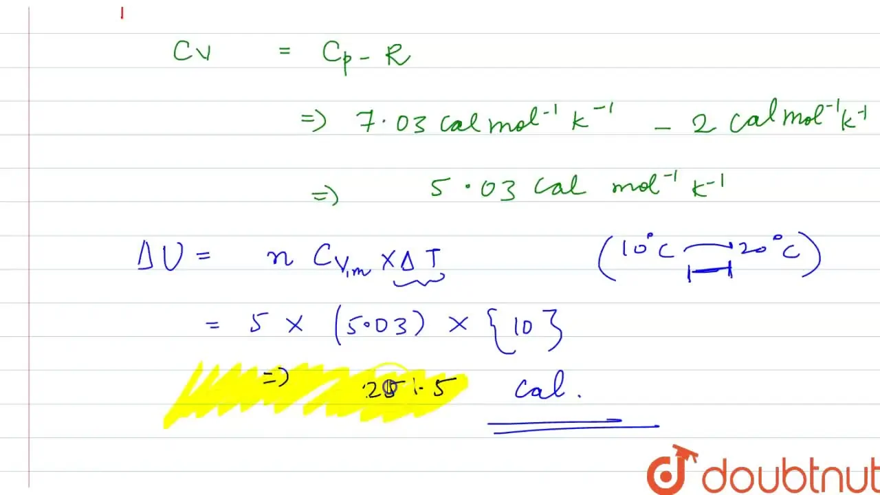 5 mole of oxygen are heated at constant volume from 10^()C to 20^()C