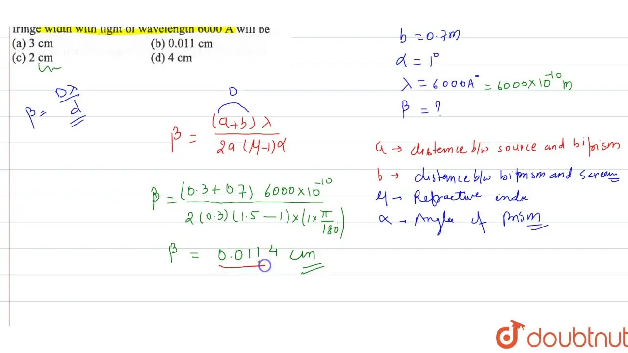 in a biprism experiment the distance of source