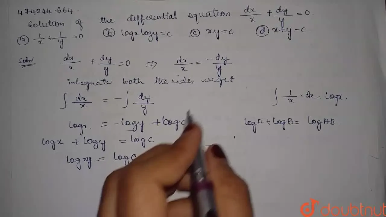 [Kannada] Solution of the differential equation (dx)/(x)+(dy)/(y)=0 is