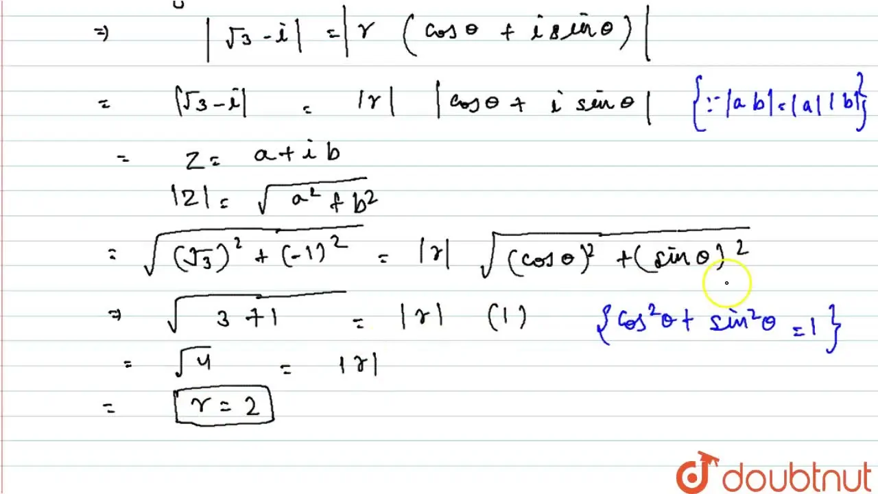 If sqrt(3)-i=r(costheta+isintheta), then r=