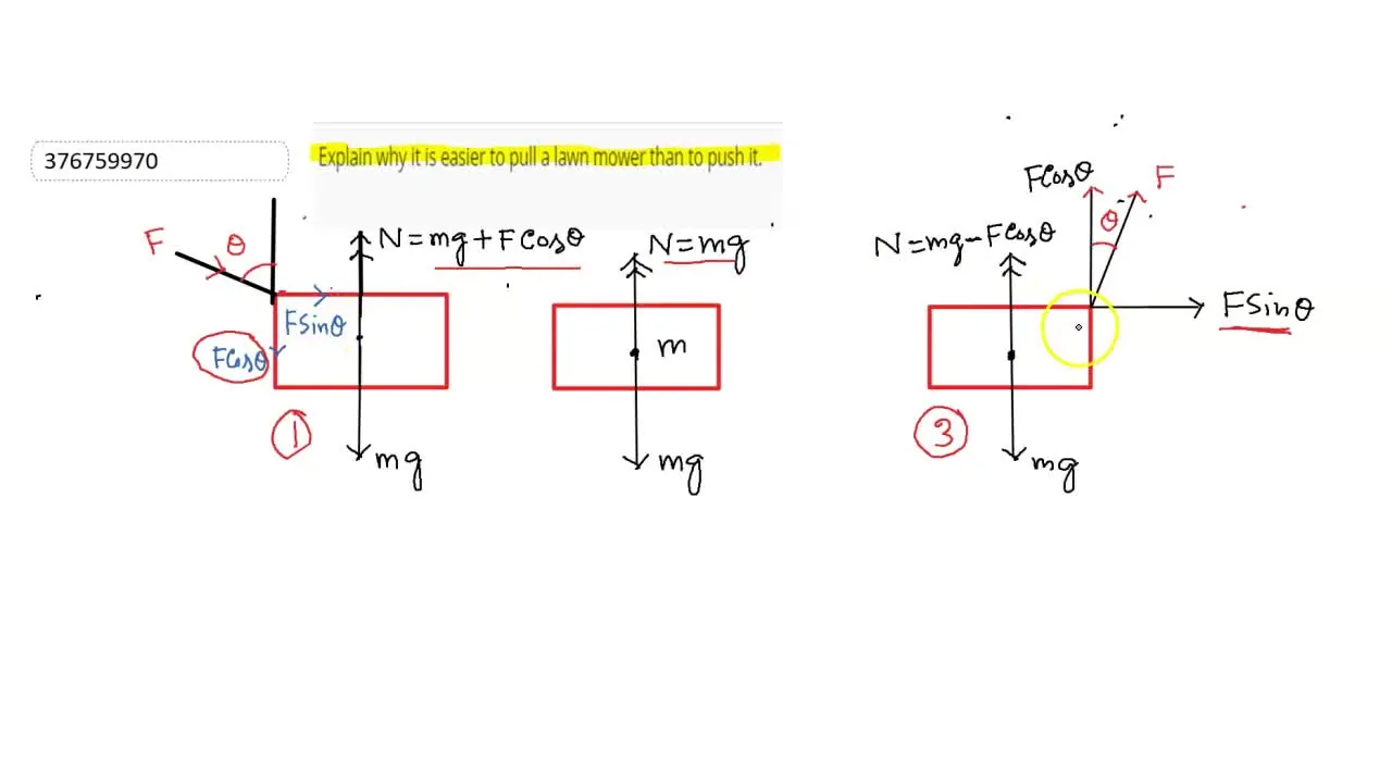 [Bengali] Explain why it is easier to pull a lawn mower than to push i