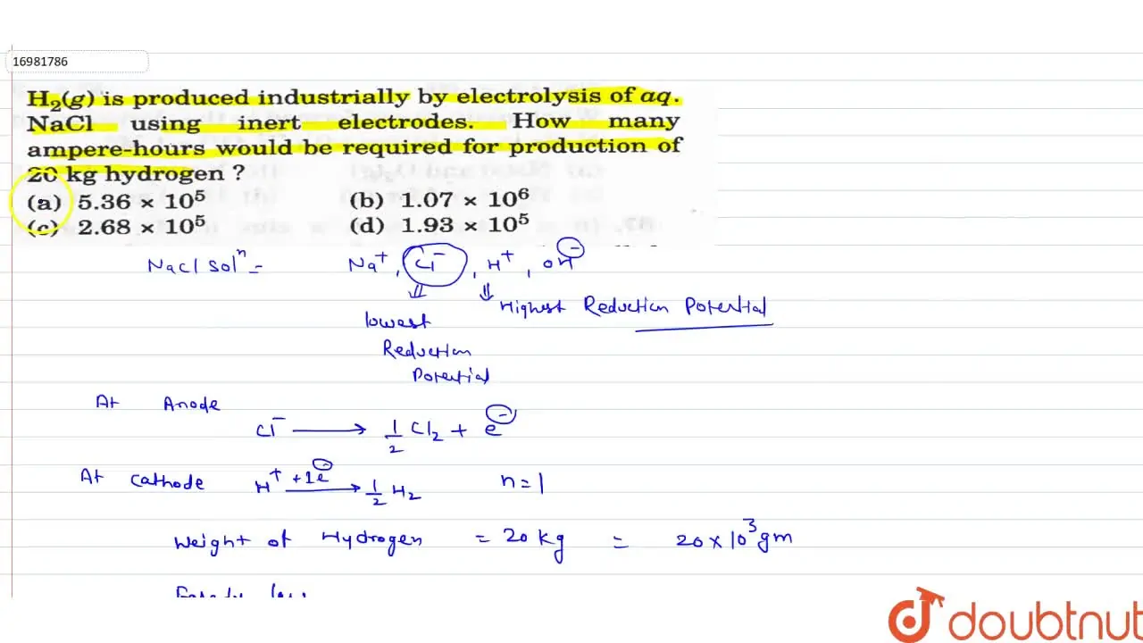 H(2)(g) is produced industrially by electrolysis of aq. NaCl using ine