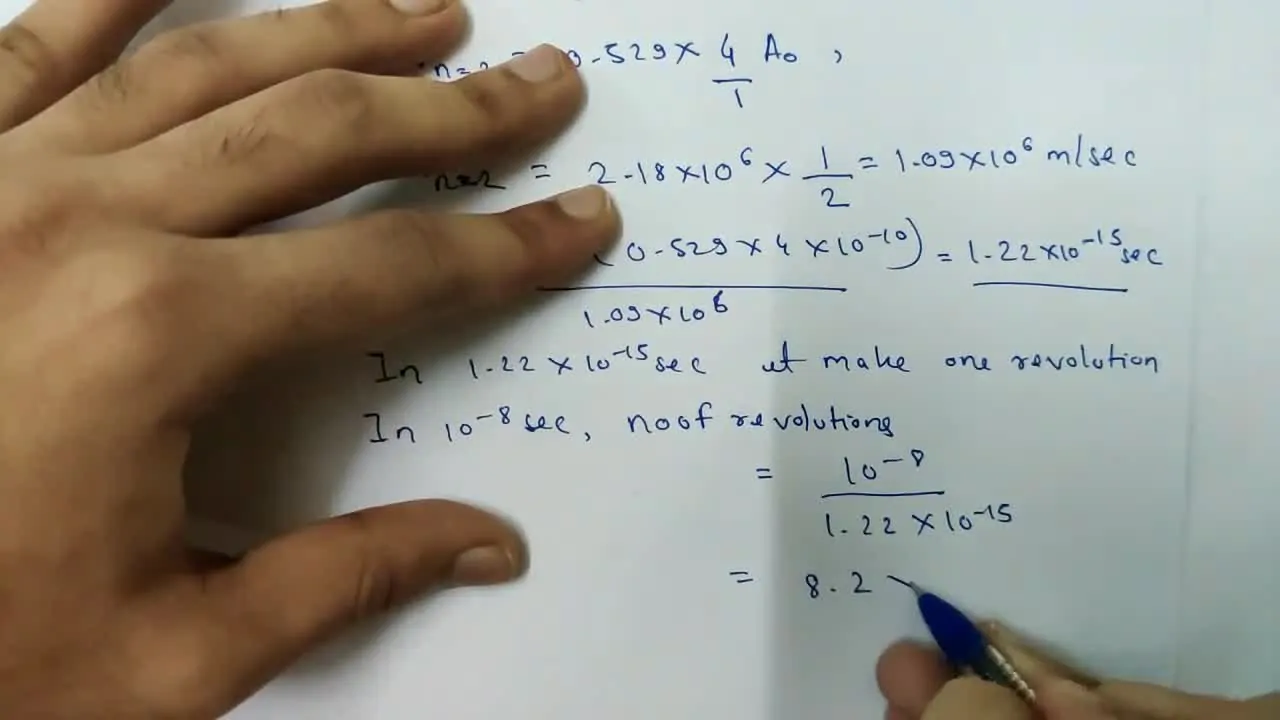 Average lifetime of a hydrogen atom excited to n = 2 state is `10^(-8)`s.  Find the number of revolutions made by the electron on the average before  it jumps to the ground state.