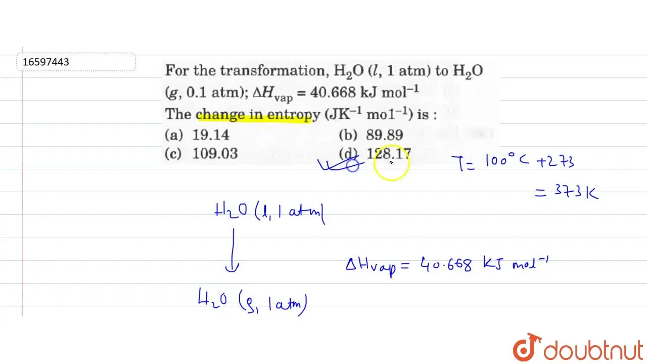 For the transformation, H(2)O(l,1 atm) 