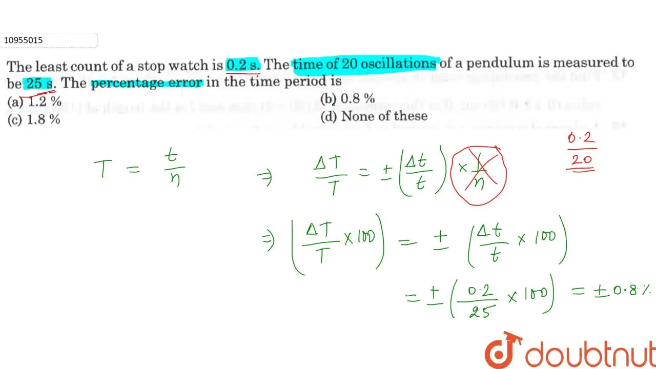 The least count of a stop watch is 0.2 s, The time of 20 oscillations