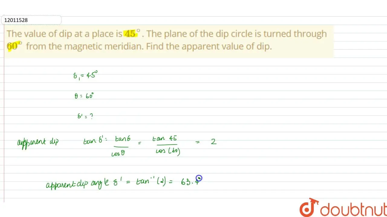 The value of dip at a place is 45^. The plane of the dip circle is tu