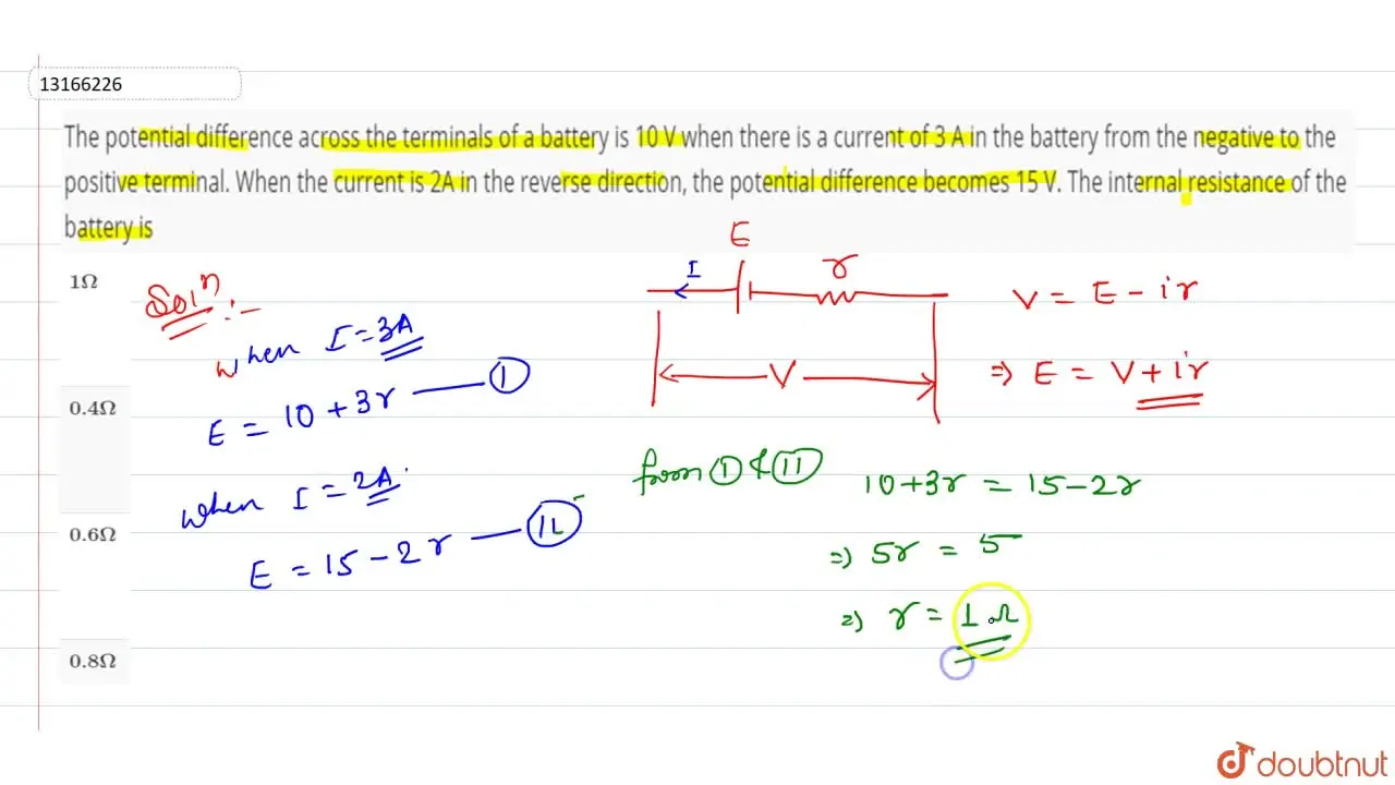 The potential difference across the terminals of a battery is 10 V whe