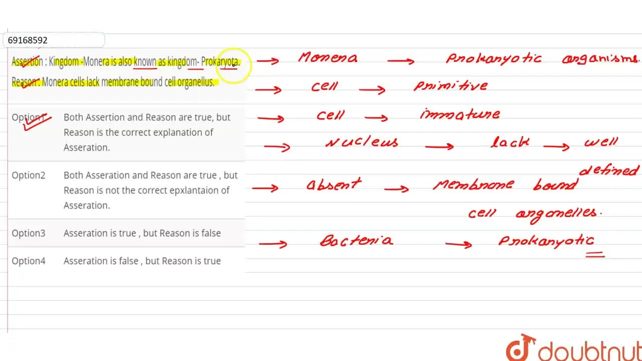 Assertion : Kingdom -Monera is also known as kingdom- Prokaryota. Reason :  Monera cells lack membrane bound cell organellus.